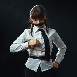 A girl in a neat, long-sleeved white shirt, black tie, and black skirt, with her hands bound by rope and her mouth taped