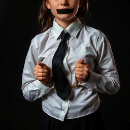 A girl in a neat, long-sleeved white shirt, black tie, and black skirt, with her hands bound by rope and her mouth taped
