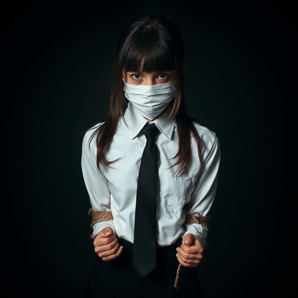 A girl in a neat, long-sleeved white shirt, black tie, and black skirt, with her hands bound by rope, her mouth taped, and her eyes covered with a cloth