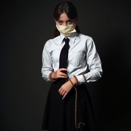 A girl in a neat, long-sleeved white shirt, black tie, and black skirt, with her hands bound by rope, her mouth taped, and her eyes covered with a cloth