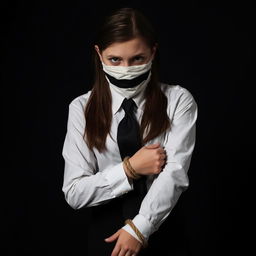 A girl in a neat, long-sleeved white shirt, black tie, and black skirt, with her hands bound by rope, her mouth taped, and her eyes covered with a cloth