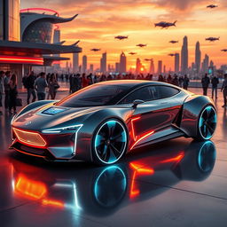 A stunning and futuristic car design, showcasing a sleek, aerodynamic body, with advanced technology features such as holographic displays and autonomous driving capabilities