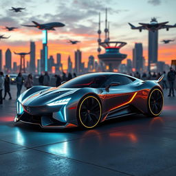 A stunning and futuristic car design, showcasing a sleek, aerodynamic body, with advanced technology features such as holographic displays and autonomous driving capabilities