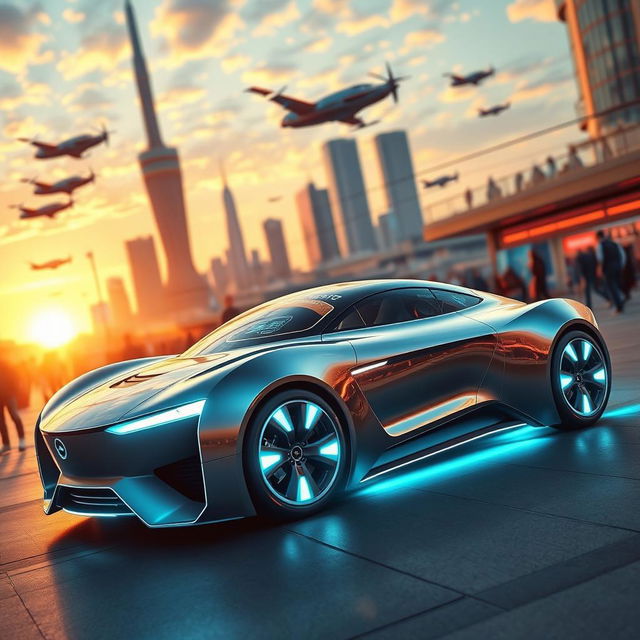 A stunning and futuristic car design, showcasing a sleek, aerodynamic body, with advanced technology features such as holographic displays and autonomous driving capabilities