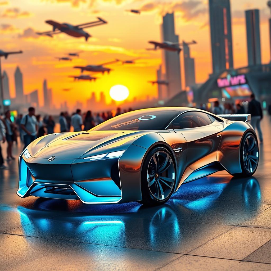 A stunning and futuristic car design, showcasing a sleek, aerodynamic body, with advanced technology features such as holographic displays and autonomous driving capabilities