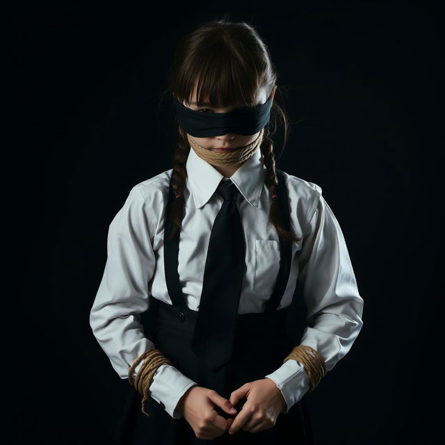 A girl dressed in a neatly pressed long-sleeved white shirt, black tie, and black skirt, with her hands bound by rope, mouth tied with black fabric, and eyes also covered with black fabric