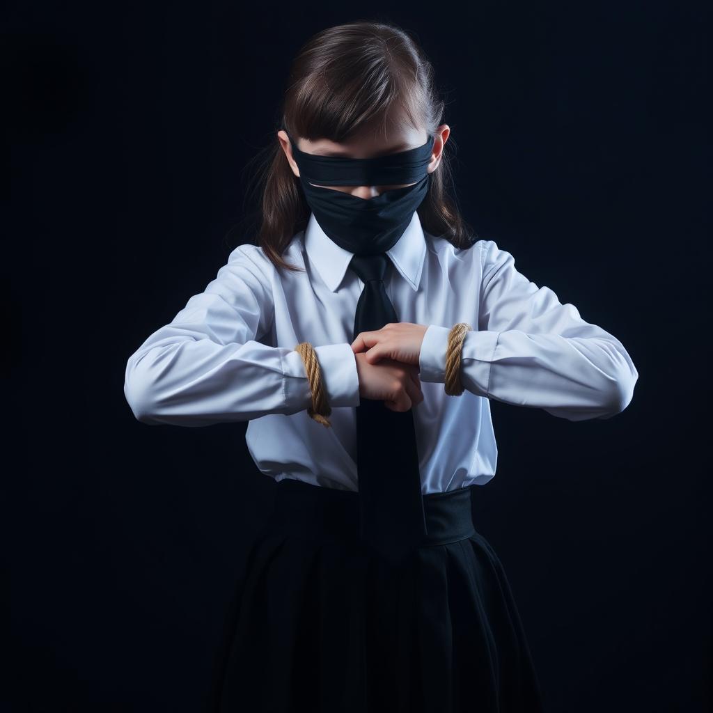 A girl dressed in a neatly pressed long-sleeved white shirt, black tie, and black skirt, with her hands bound by rope, mouth tied with black fabric, and eyes also covered with black fabric