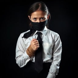 A girl dressed in a neatly pressed long-sleeved white shirt, black tie, and black skirt, with her hands bound by rope, mouth tied with black fabric, and eyes also covered with black fabric