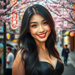 A stunning South Korean woman with very large breasts, showcasing a flirtatious and playful personality