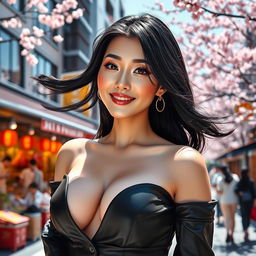 A captivating South Korean woman with very large breasts, exuding a flirtatious and playful charm