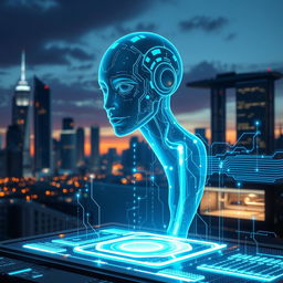 A futuristic AI system depicted as an advanced, sleek holographic interface featuring glowing blue circuits and light beams, with a backdrop of a technologically advanced city skyline at dusk