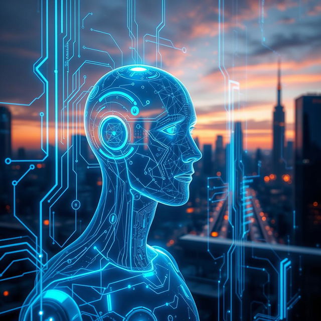 A futuristic AI system depicted as an advanced, sleek holographic interface featuring glowing blue circuits and light beams, with a backdrop of a technologically advanced city skyline at dusk