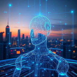 A futuristic AI system depicted as an advanced, sleek holographic interface featuring glowing blue circuits and light beams, with a backdrop of a technologically advanced city skyline at dusk