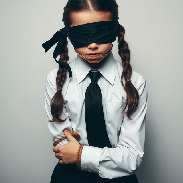 A girl dressed in a neatly pressed long-sleeved white shirt, black tie, and black skirt, with both hands bound by rope, her mouth tied with black fabric, and her eyes also covered with black fabric