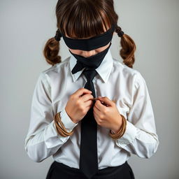 A girl dressed in a neatly pressed long-sleeved white shirt, black tie, and black skirt, with both hands bound by rope, her mouth tied with black fabric, and her eyes also covered with black fabric