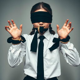 A girl dressed in a neatly pressed long-sleeved white shirt, black tie, and black skirt, with both hands bound by rope, her mouth tied with black fabric, and her eyes also covered with black fabric