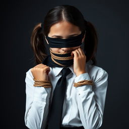 A girl dressed in a neatly pressed long-sleeved white shirt, black tie, and black skirt, with both hands bound by rope, her mouth tied with black fabric, and her eyes also covered with black fabric