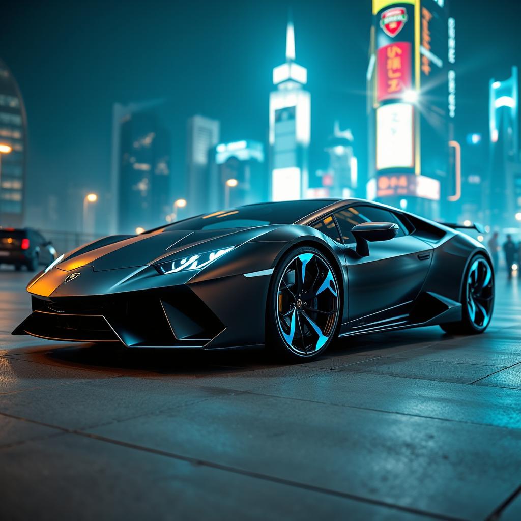 A futuristic 21st-century Lamborghini model, showcasing sleek aerodynamic lines, advanced technology, and electric powertrain features