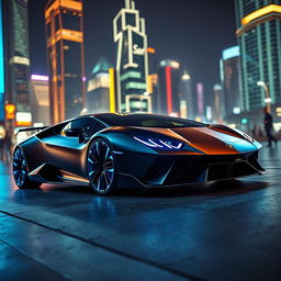 A futuristic 21st-century Lamborghini model, showcasing sleek aerodynamic lines, advanced technology, and electric powertrain features