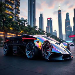 A visionary Lamborghini model from 20 generations in the future, featuring an ultra-modern design with a seamless, flowing body shape and innovative materials