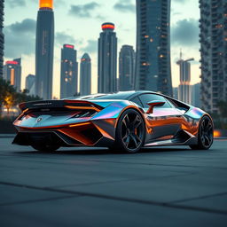 A visionary Lamborghini model from 20 generations in the future, featuring an ultra-modern design with a seamless, flowing body shape and innovative materials