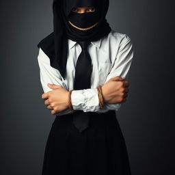 A girl dressed in a neatly pressed long-sleeved white shirt, black tie, black hijab, and a black skirt, with both hands bound by rope, her mouth tied with black fabric, and her eyes covered with black fabric