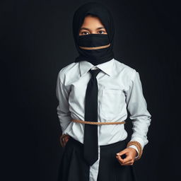 A girl dressed in a neatly pressed long-sleeved white shirt, black tie, black hijab, and a black skirt, with both hands bound by rope, her mouth tied with black fabric, and her eyes covered with black fabric