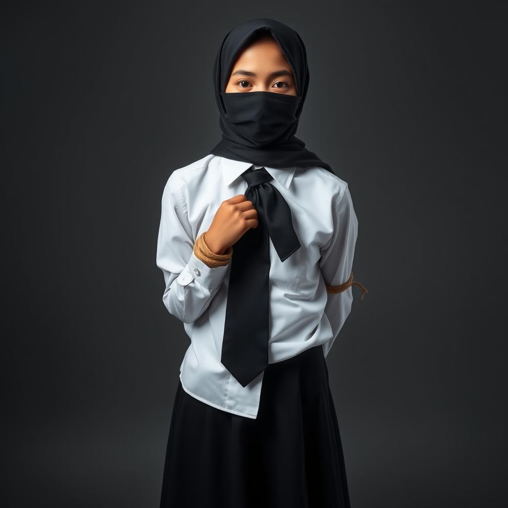 A girl dressed in a neatly pressed long-sleeved white shirt, black tie, black hijab, and a black skirt, with both hands bound by rope, her mouth tied with black fabric, and her eyes covered with black fabric