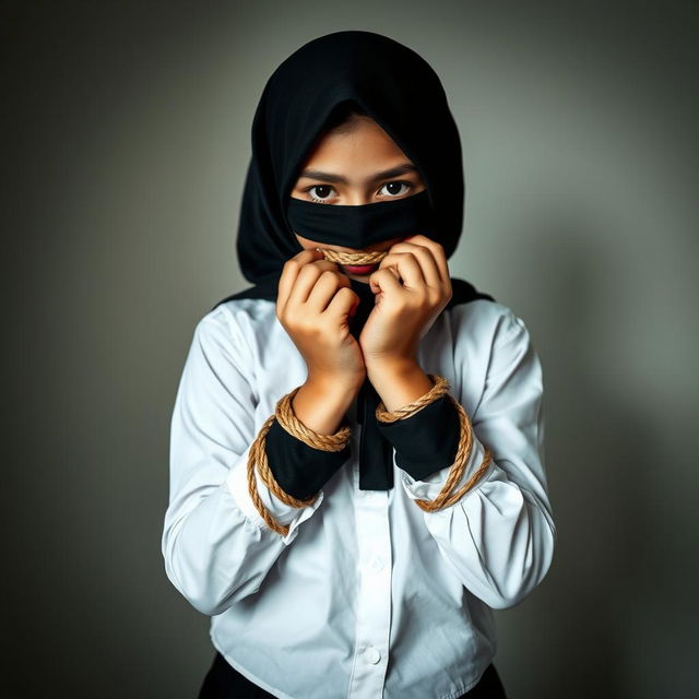 A girl dressed in a neatly pressed long-sleeved white shirt, black tie, black hijab, and a black skirt, with both hands bound by rope, her mouth tied with black fabric, and her eyes covered with black fabric