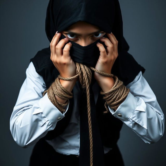 A girl dressed in a neatly pressed long-sleeved white shirt, black tie, black hijab, and a black skirt, with both hands bound by rope, her mouth tied with black fabric, and her eyes covered with black fabric