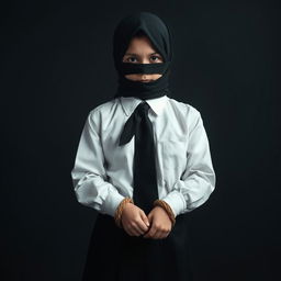 A girl dressed in a neatly pressed long-sleeved white shirt, black tie, black hijab, and a black skirt, with both hands bound by rope, her mouth tied with black fabric, and her eyes covered with black fabric
