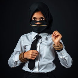 A girl dressed in a neatly pressed long-sleeved white shirt, black tie, black hijab, and a black skirt, with both hands bound by rope, her mouth tied with black fabric, and her eyes covered with black fabric