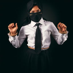 A girl dressed in a neatly pressed long-sleeved white shirt, black tie, black hijab, and a black skirt, with both hands bound by rope, her mouth tied with black fabric, and her eyes covered with black fabric