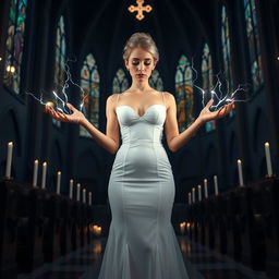 A full length photograph of a sad, tall yet alluring young woman with a thin face, radiating sweetness and innocence