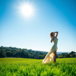 A serene and peaceful landscape featuring a lush green meadow under a clear blue sky, where the sun gently illuminates the scene