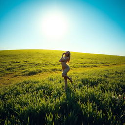 A serene and peaceful landscape featuring a lush green meadow under a clear blue sky, where the sun gently illuminates the scene
