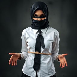 A dramatic and intriguing scene featuring a girl dressed formally in a neat, long-sleeved white shirt, a black tie, and a black skirt