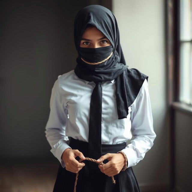 A dramatic and intriguing scene featuring a girl dressed formally in a neat, long-sleeved white shirt, a black tie, and a black skirt