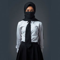 A dramatic and intriguing scene featuring a girl dressed formally in a neat, long-sleeved white shirt, a black tie, and a black skirt