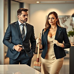 A striking portrayal of a handsome male CEO in a sharp suit confidently evaluating his surroundings in a modern office environment