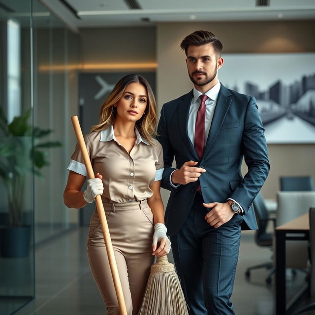 A striking portrayal of a handsome male CEO in a sharp suit confidently evaluating his surroundings in a modern office environment