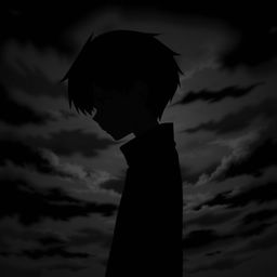 A depressed anime boy standing sideways, showcasing half of his face in profile