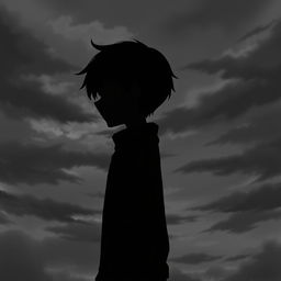 A depressed anime boy standing sideways, showcasing half of his face in profile