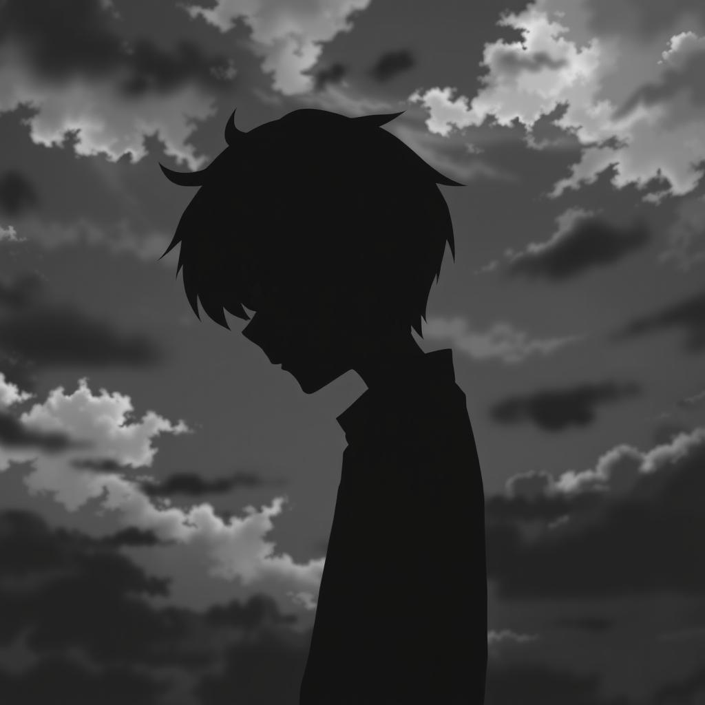 A depressed anime boy standing sideways, showcasing half of his face in profile