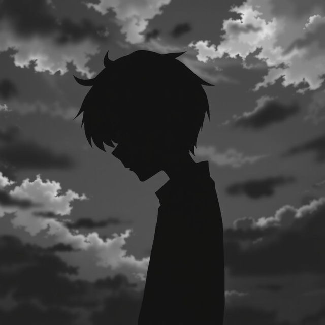 A depressed anime boy standing sideways, showcasing half of his face in profile