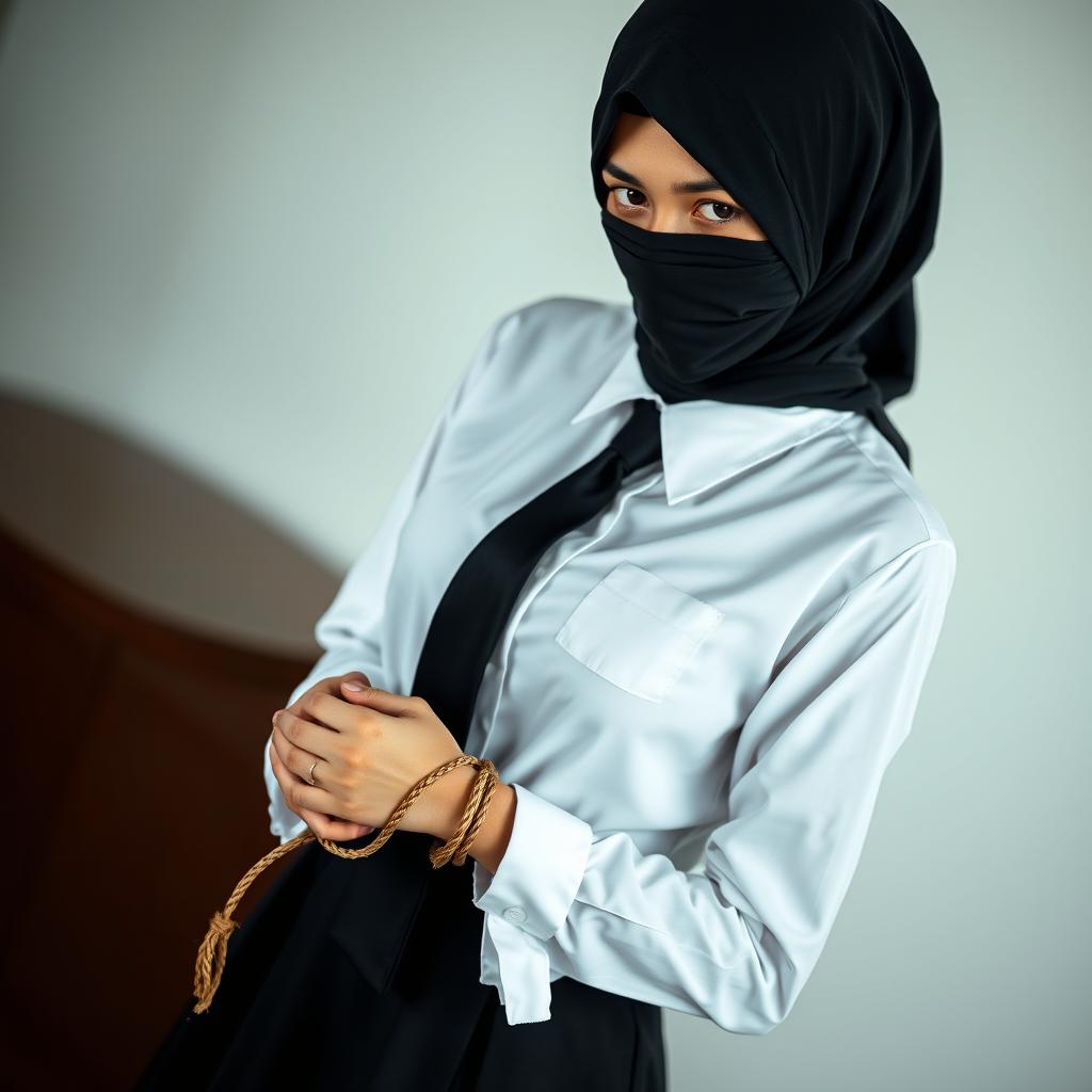 A dramatic and artistic portrayal of a girl elegantly dressed in a crisp, long-sleeved white shirt, adorned with a sleek black tie and a matching black skirt