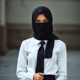 A dramatic and artistic portrayal of a girl elegantly dressed in a crisp, long-sleeved white shirt, adorned with a sleek black tie and a matching black skirt