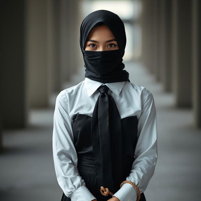 A dramatic and artistic portrayal of a girl elegantly dressed in a crisp, long-sleeved white shirt, adorned with a sleek black tie and a matching black skirt