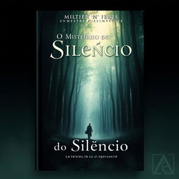 A captivating book cover design for a novel called 'O Mistério do Silêncio' featuring a mysterious and atmospheric forest with tall, dark trees, dappled sunlight filtering through the leaves