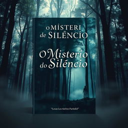A captivating book cover design for a novel called 'O Mistério do Silêncio' featuring a mysterious and atmospheric forest with tall, dark trees, dappled sunlight filtering through the leaves